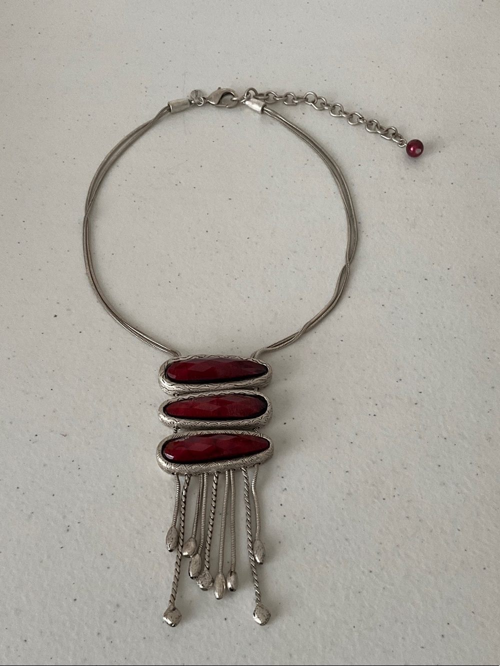 Chico’s Silver-Tone Necklace with Three Deep Red Stones and Fringe